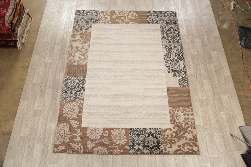 Modern Synthetic Pile Border Carpet Rustic Turkish Area Rug, Beige, 10'6"x7'10