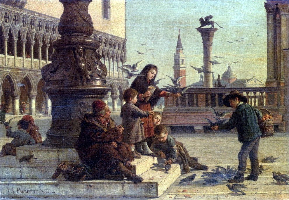 Antonio Paoletti Feeding The Pigeons - 18" x 27" Premium Canvas Print