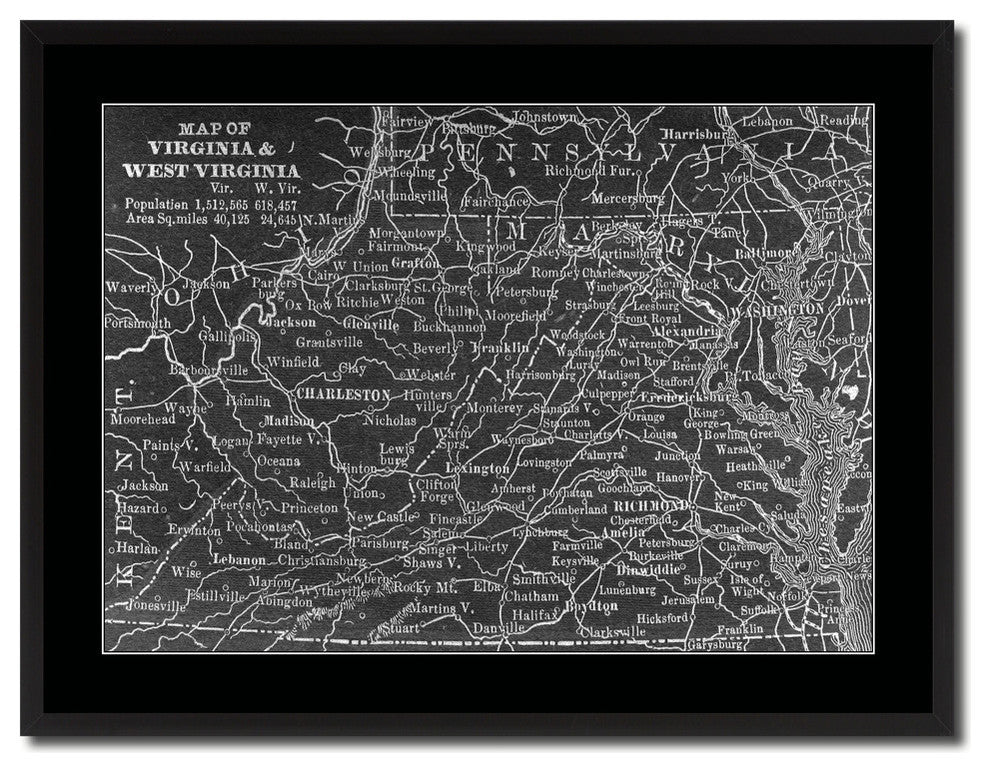 West Virginia Monochrome Map Print On Canvas With Frame, 28" X 37"