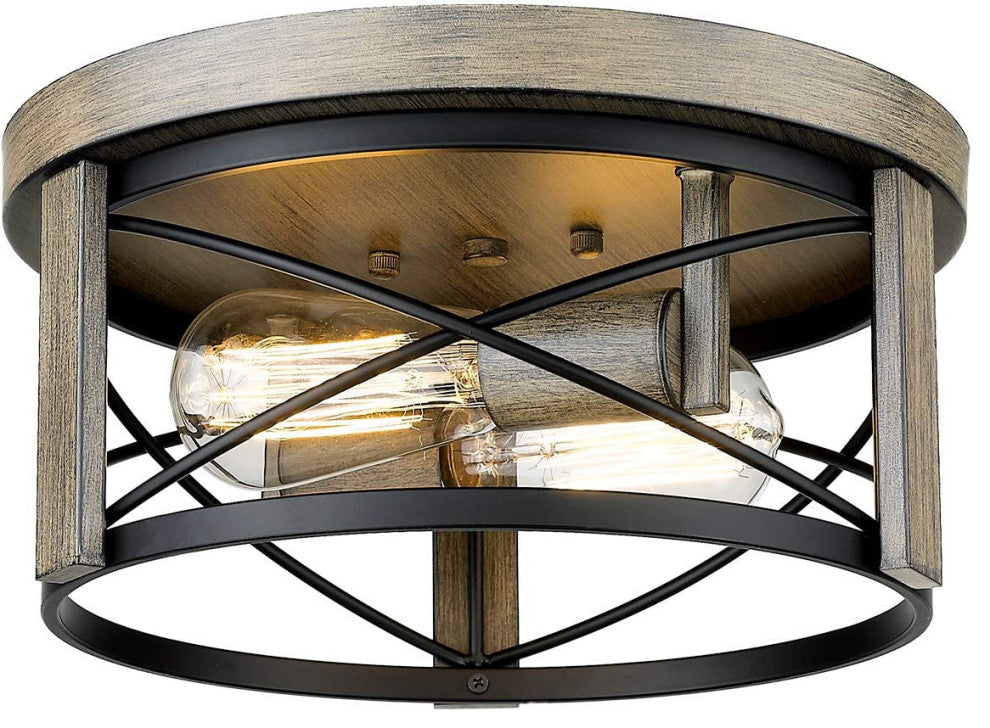 2 Light Flush Mount Light Fixture Cage Drum Wood Ceiling Lamp