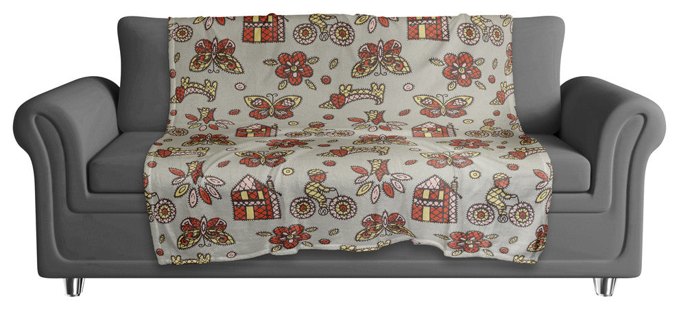 Kids Whimsical Folk Pattern in Red Fleece Blanket