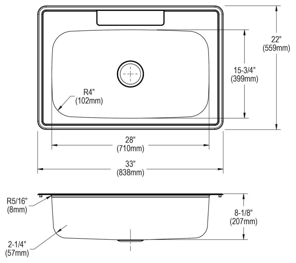 DSE133224 Dayton Stainless Steel 33" x 22" x 8-1/16", Drop-in Sink, 4 Holes