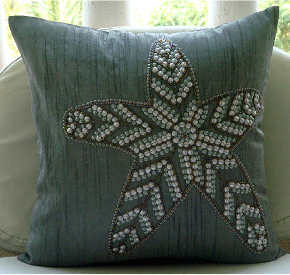 Gray Sequins Starfish 22"x22" Silk Pillows Covers for Couch, Starry Light