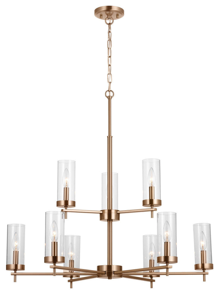 Zire Nine Light Chandelier, Satin Brass