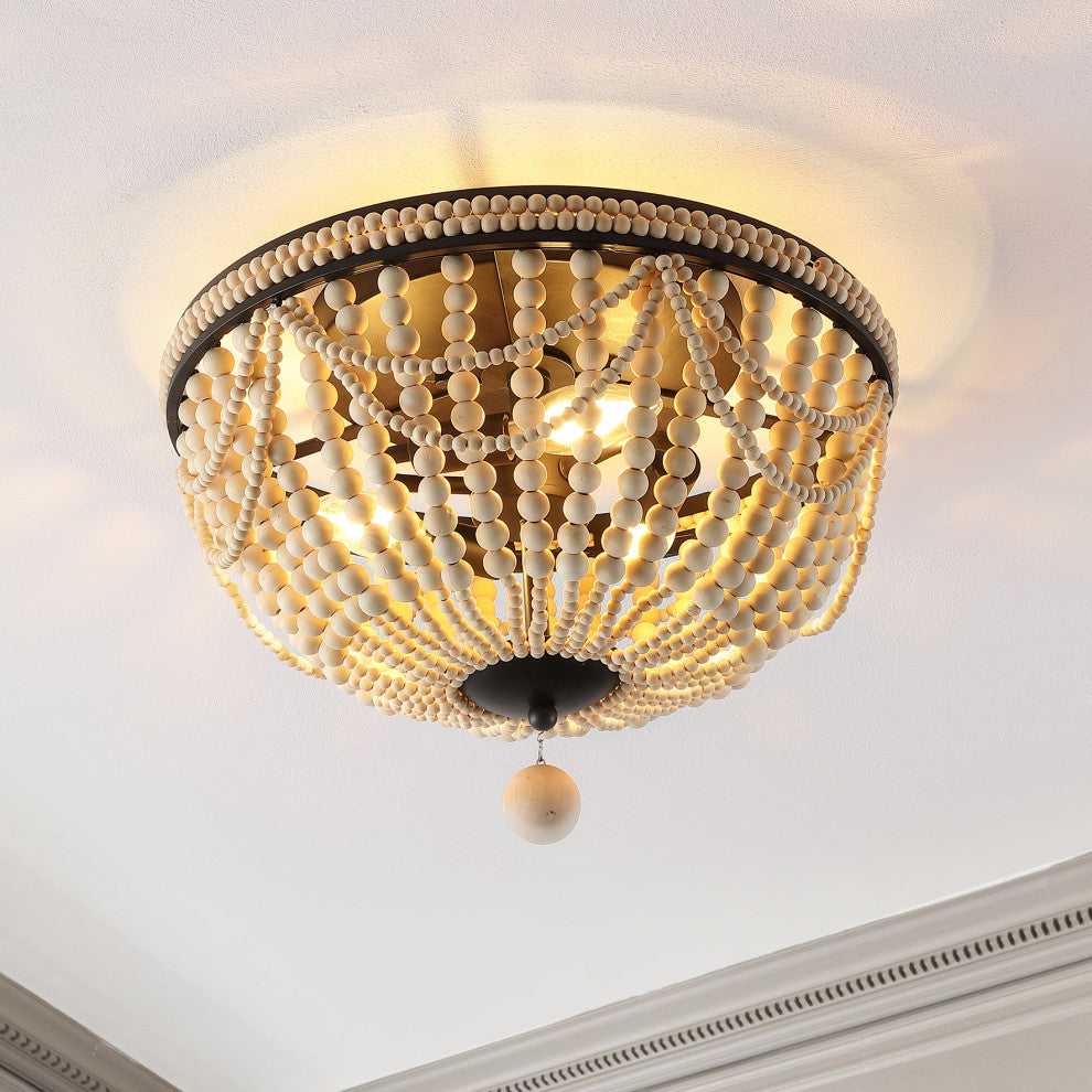 Dune Wood Bead 3-Light Farmhouse LED Semi Flush Mount, Oil Rubbed Bronze/Taupe
