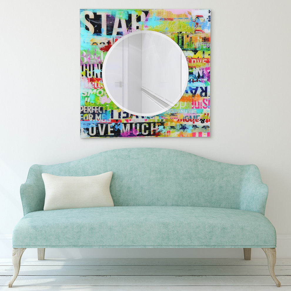 "Star" Square Beveled Wall Mirror on Free Floating Printed Tempered Art Glass