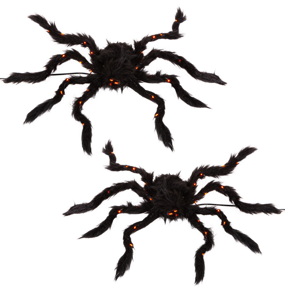 Set of 2, 19.68" Fuzzy Spider With Purple Micro LED Lights