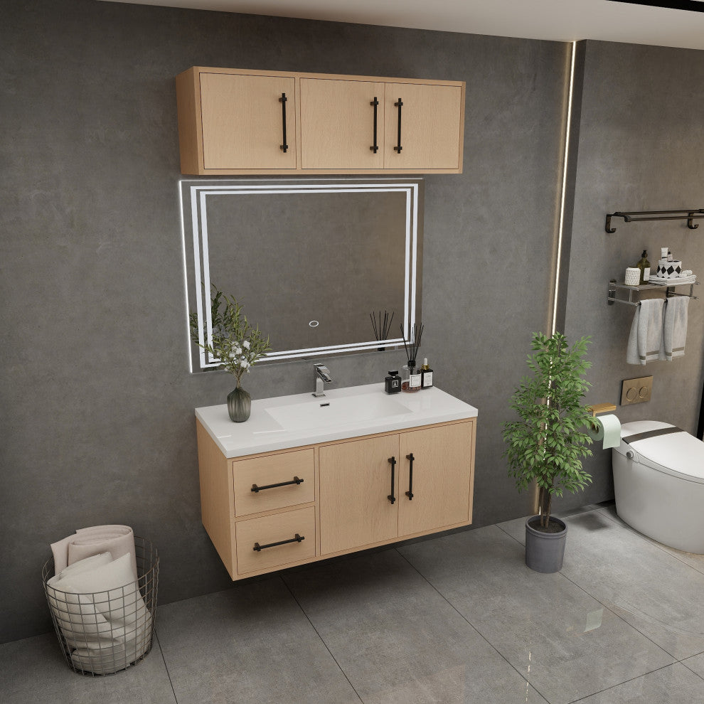 Victoria 42" Solid Wood Bath Vanity, Overhead Cabinet, Yellow Oak