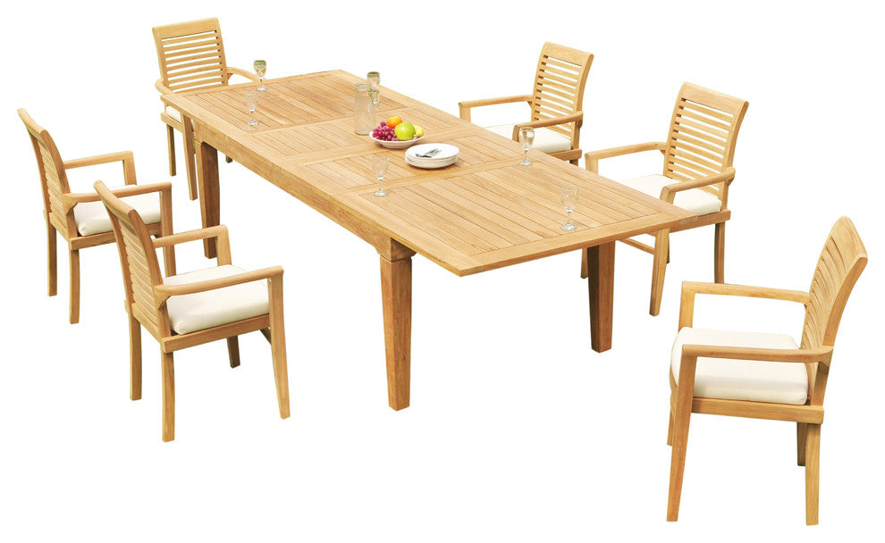 7-Piece Outdoor Teak Dining Set: 122" Rectangle Table, 6 Mas Stacking Arm Chairs