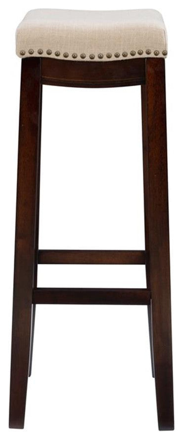 Linon Hampton Bar Stool Beige Padded Seat Wood Frame in Dark Walnut Brown