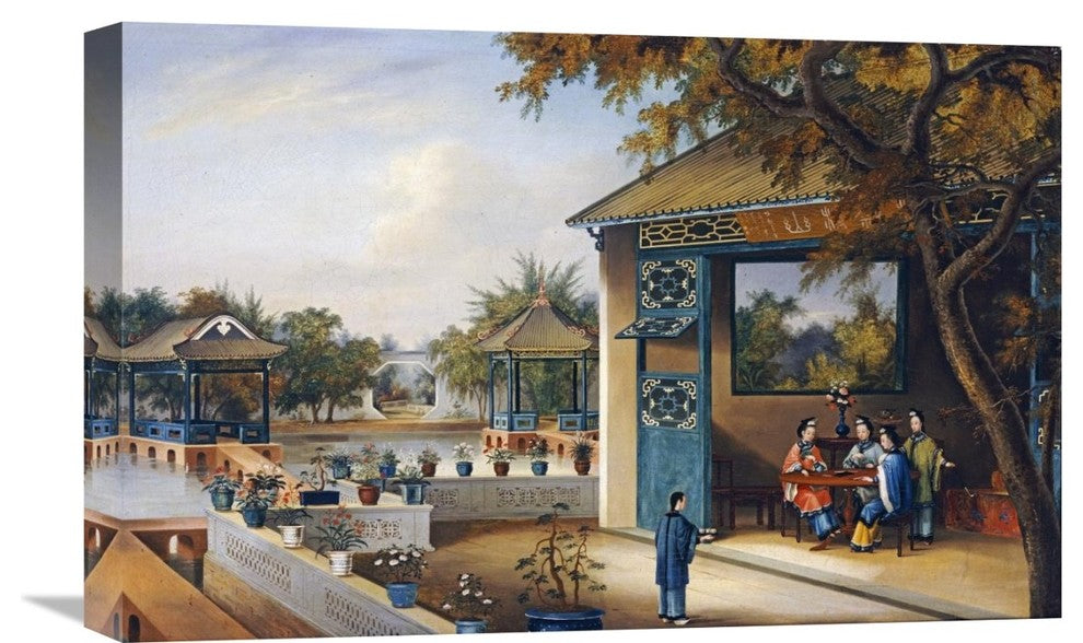 "Chinese Ladies Playing Mahjong In The Pavilion of a House" Artwork, 22" x 14"