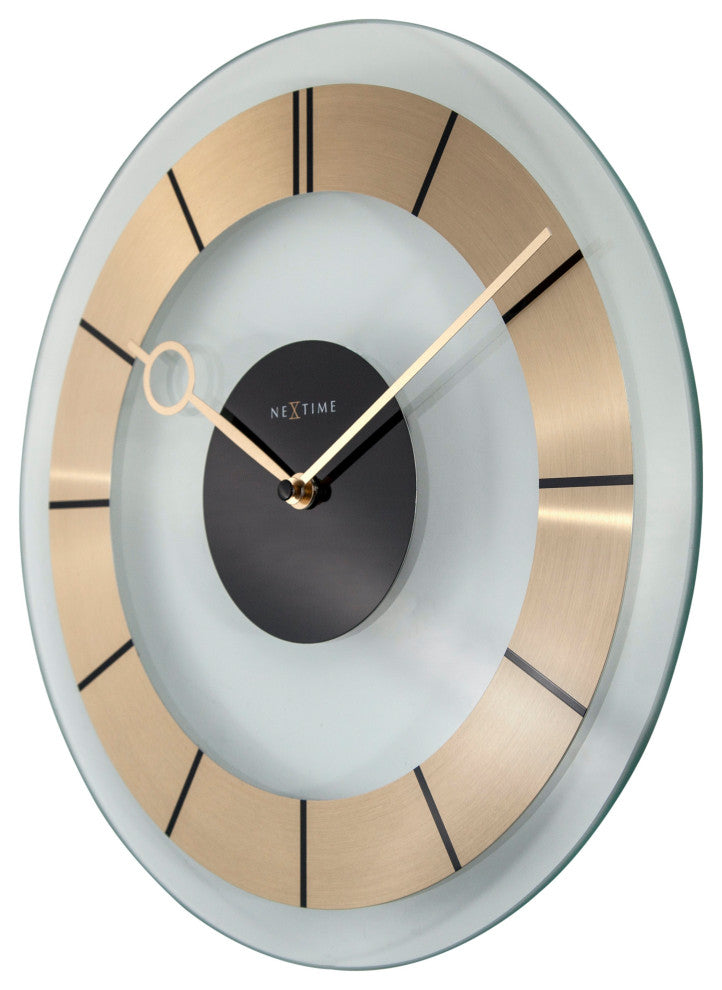 Retro Wall Clock, Clear Glass and Stainless Steel, Round, Battery Operated, Gold
