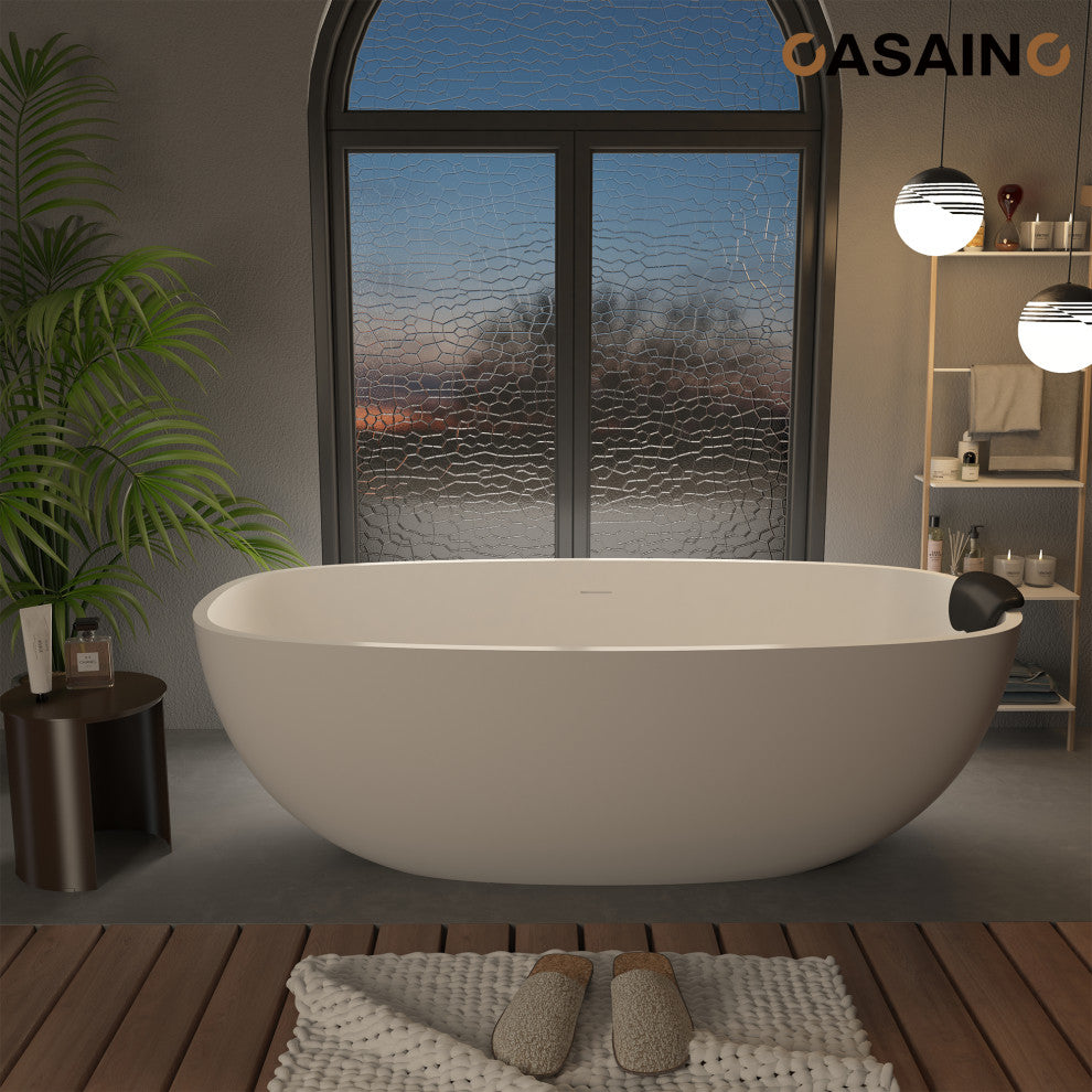 71in White Solid Surface Freestanding Soaking Bathtub with Drain