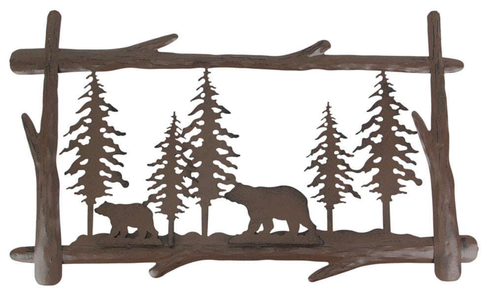 Rustic Brown Metal Black Bears in Forest Silhouette Wall Hanging