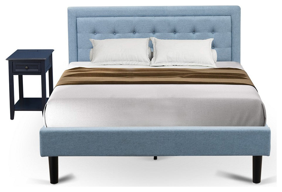 2Pc Fannin Queen Bedroom Set, 1 Wood Bed Frame, End Table Denim Blue