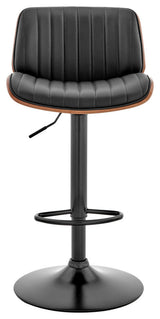 Brock Adjustable Black Faux Leather and Walnut Wood Bar Stool With Black Base