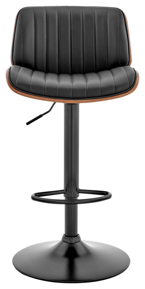 Brock Adjustable Black Faux Leather and Walnut Wood Bar Stool With Black Base