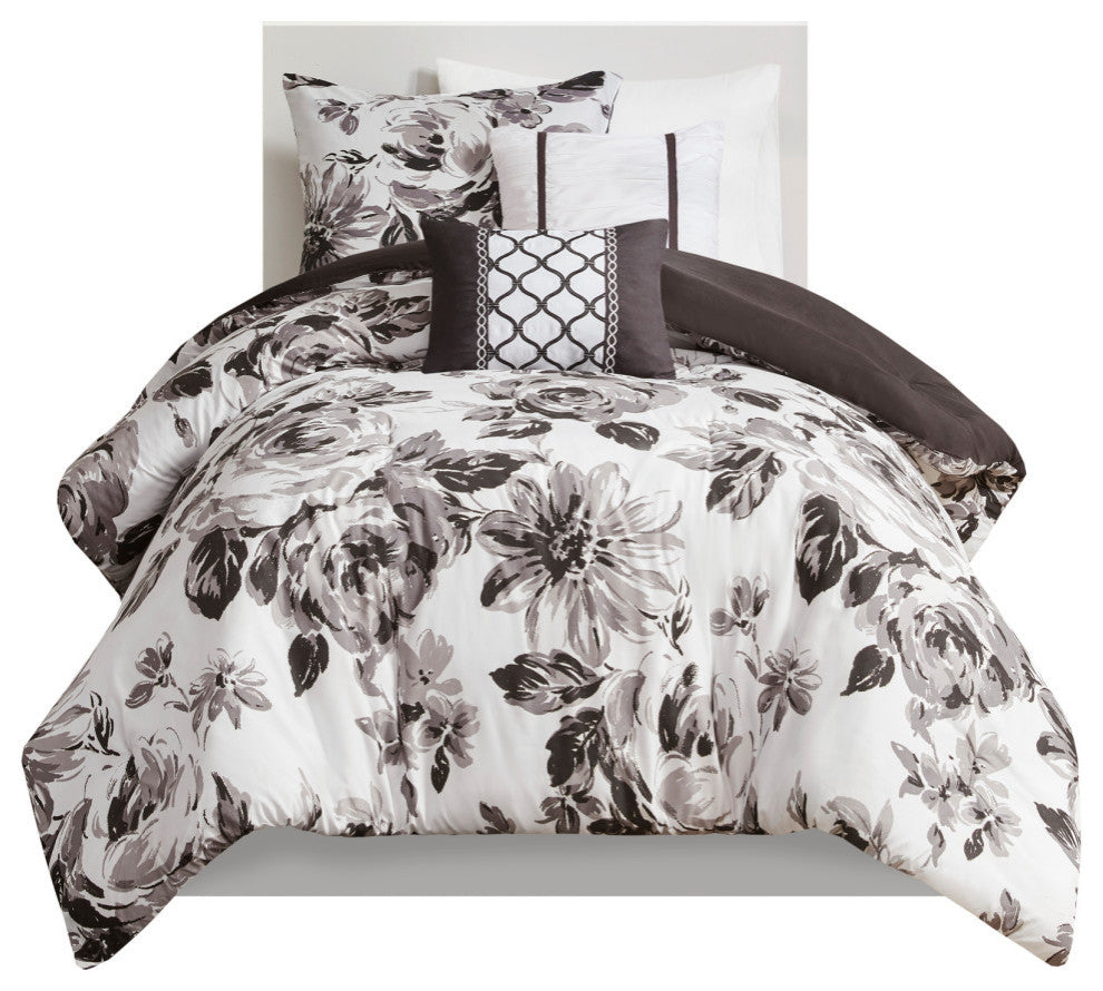 Intelligent Design Dorsey Black and White Floral Comforter Set