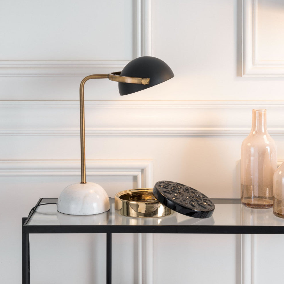 Table Lamp, Artificial Marble, Steel Metal, Black, Brass, White Lounge