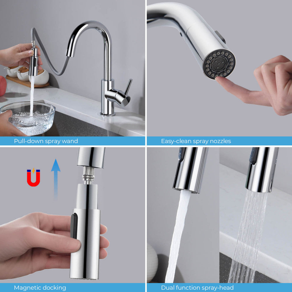 Luxe Single Handle Pull Down Kitchen & Bar Faucet, Chrome