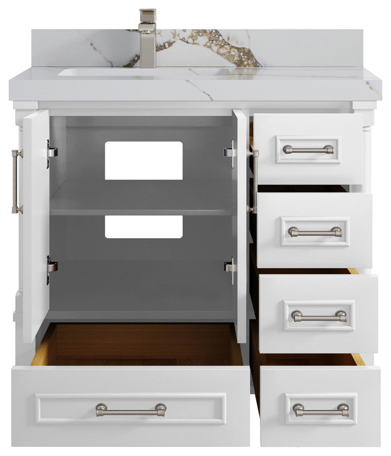 Aberdeen 36 Left Offset Bath Vanity in White 2" Calacatta Gold