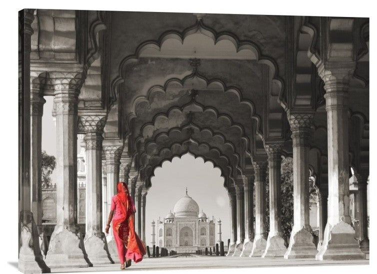 Woman in traditional Sari walking towards Taj Mahal (BW), 32"x24"