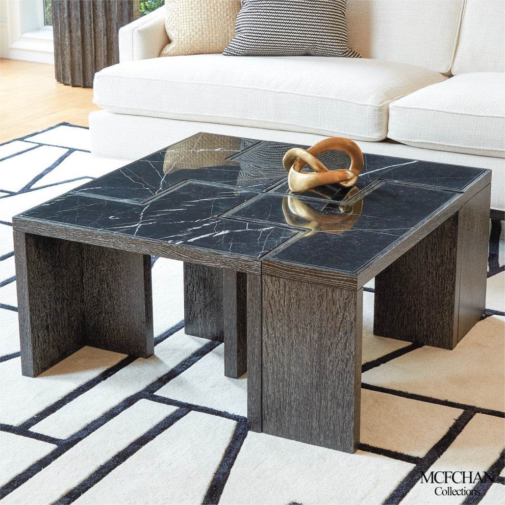 Minimalist Black White Marble T Shaped Table  Wedge Accent Bunching Modern