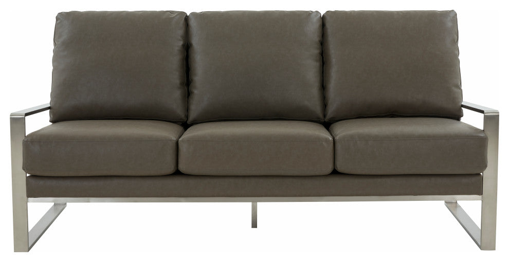 LeisureMod Jefferson Modern Faux Leather Sofa With Silver Frame, Gray
