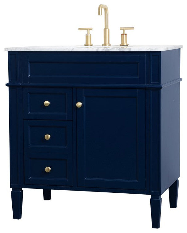 Home Living Vanity with Carrara White Marble Countertop, Blue, 32", Single Sink