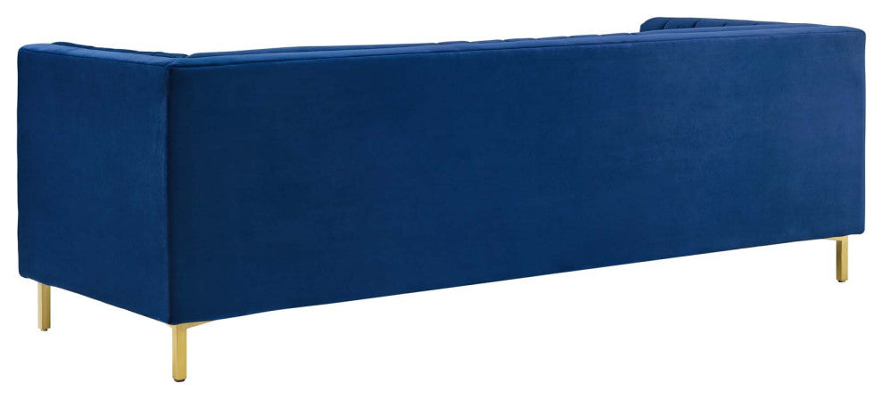 Modern Designer Lounge Lobby Sofa, Velvet Fabric Metal Steel, Navy Blue