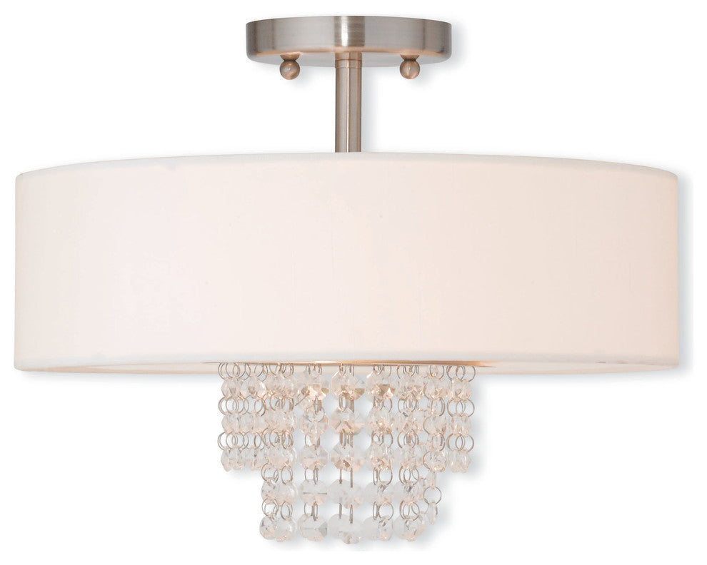 Ceiling Mount With Clear Crystals and Off-White Fabric, Brushed Nickel