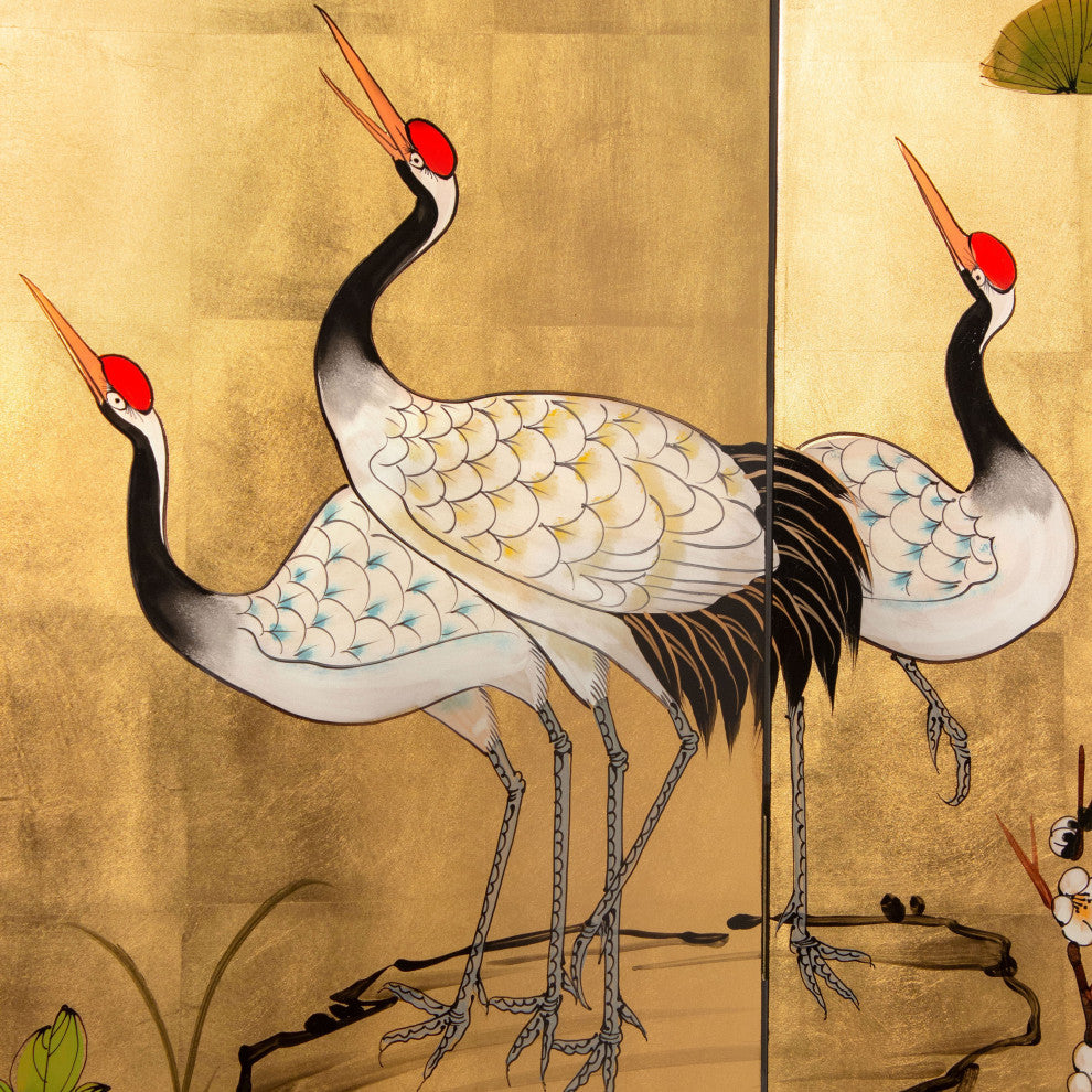 6' Tall Gold Lacquer Room, Cranes