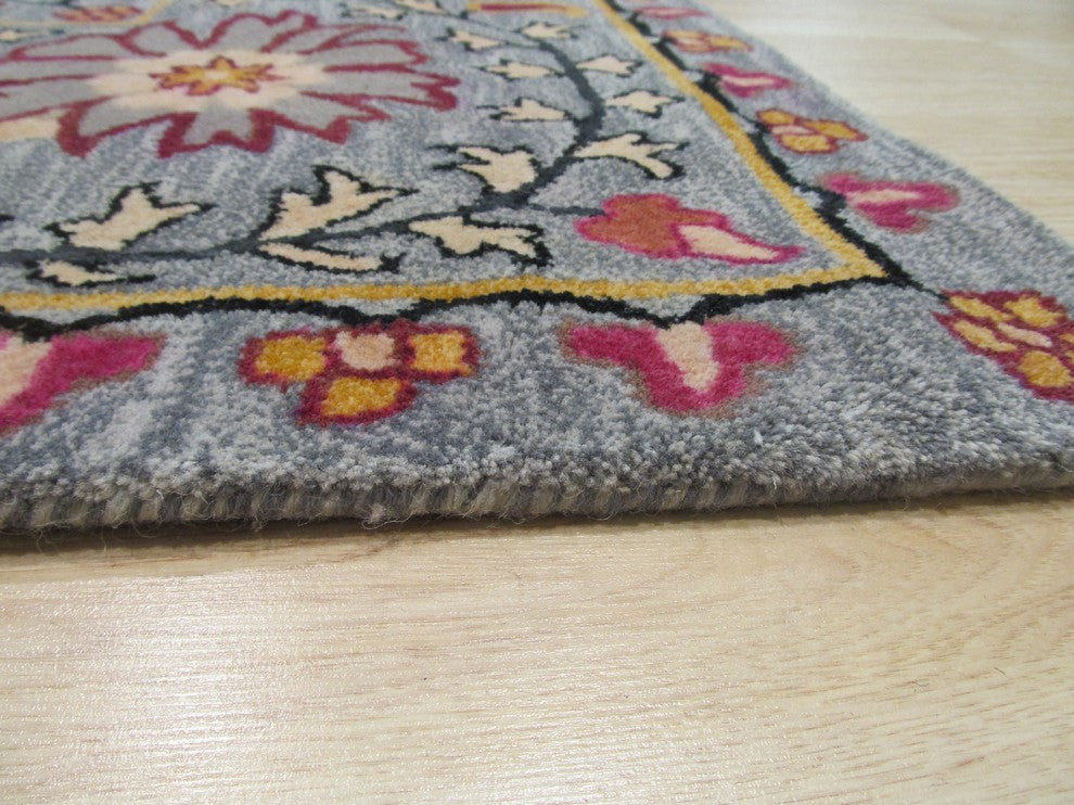 EORC Hand-tufted Wool Blue Transitional Floral Paisley Rug, Round 6''