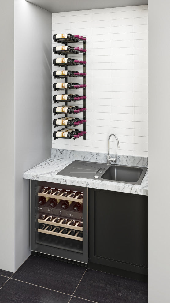 Vino Pins Flex 45 (wall mounted metal wine rack), Matte Black/Aluminum, 27 Bottles