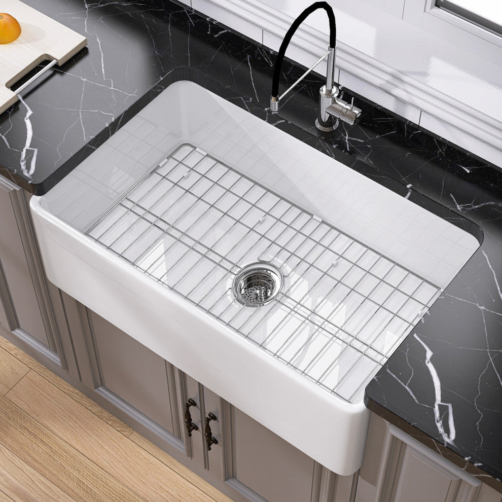 36"L x 20"W  White Single Bowl Fireclay Farmhouse Kitchen Sink With Accessories