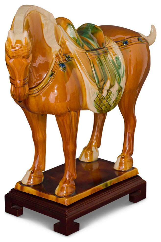 Tang Dynasty Tri-Color Glazed Ceramic Chinese Bay Horse Statue