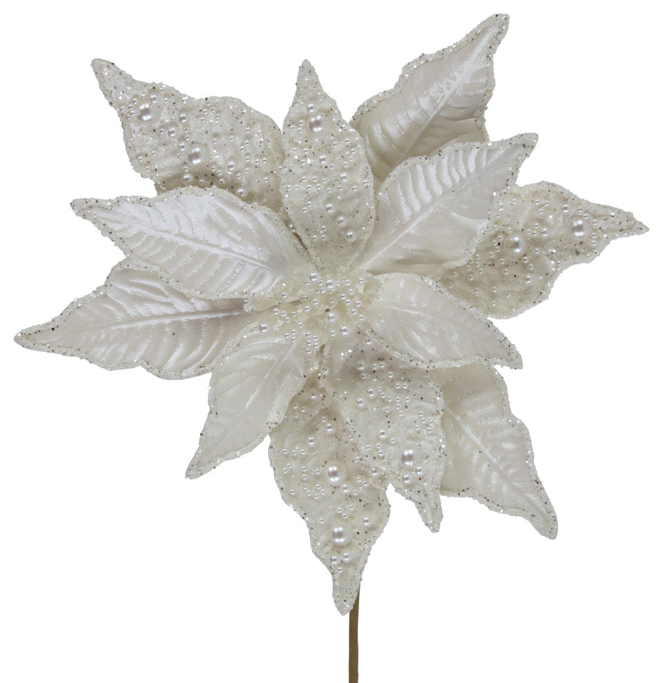 22" Pearl White Glittered Poinsettia Christmas Pick With Pearl Accents