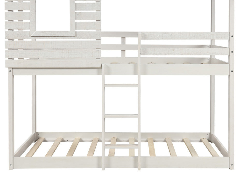 Antique White Twin Over Twin Bunk Bed With Roof