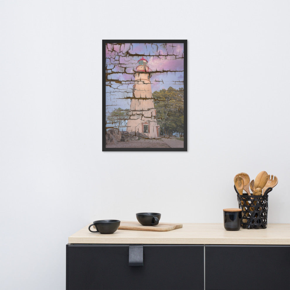 Faux Wood Texture Marblehead Lighthouse at Sunset Framed Photo Wall Art Print, Black, 18" X 24"