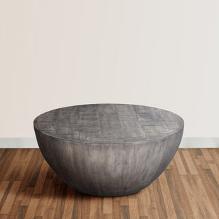36" Round Coffee Table Handcrafted Drum Shape Mango Wood With Olive Gray Finish