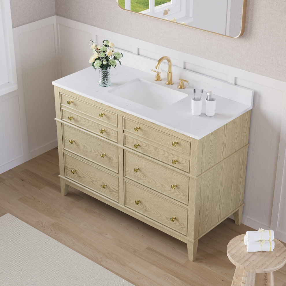 Oak Solid Wood Bath Vanity with White Quartz Top, Soft-Close, CUPC Certified, 48"