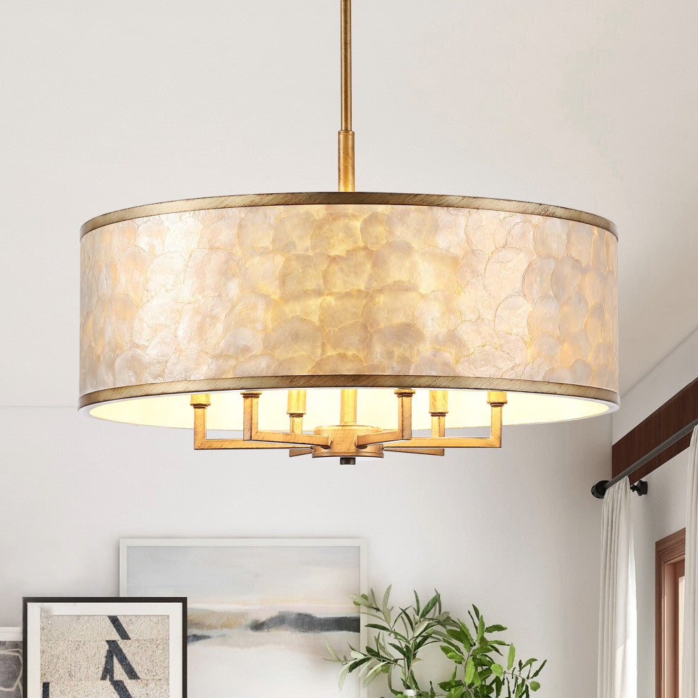 GetLedel 24-inch 6-Light Capiz Shell Drum Chandelier, Distressed Gold