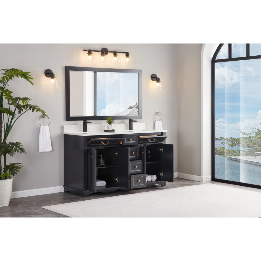 Legion Furniture WS2512 Series Bathroom Sink Vanity, Tricorn Black, 60", Artificial Stone Top, Double Sink