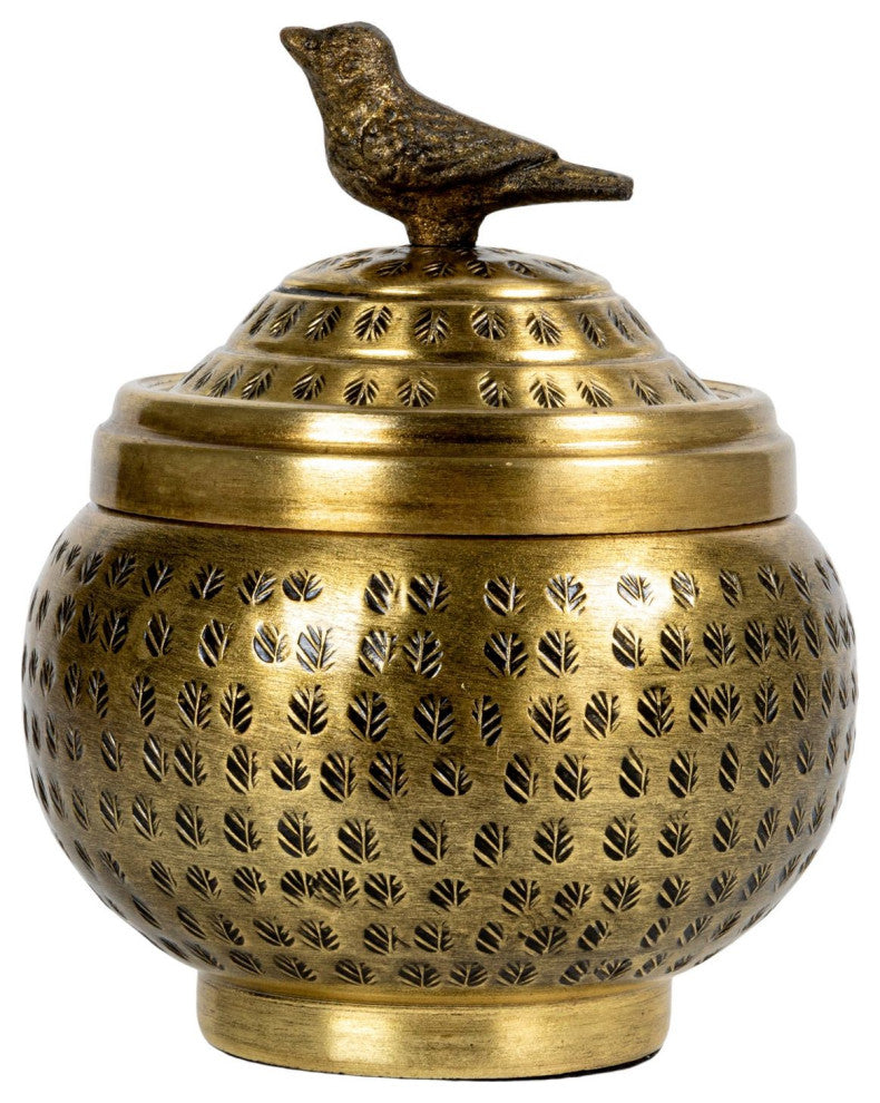 Hammered Aluminum Sphere Container with Lid and Bird, Antique Brass Finish