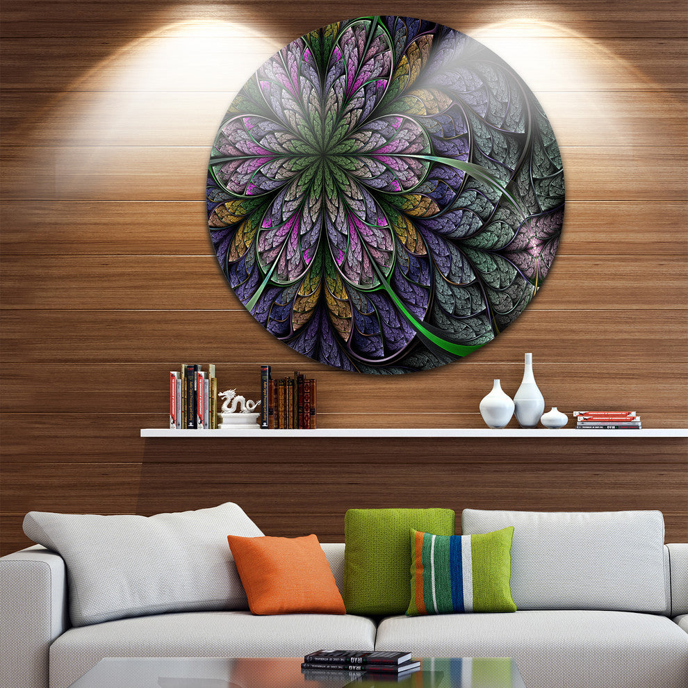 Purple And Blue Fractal Flower Pattern, Floral Disc Metal Artwork, 36"