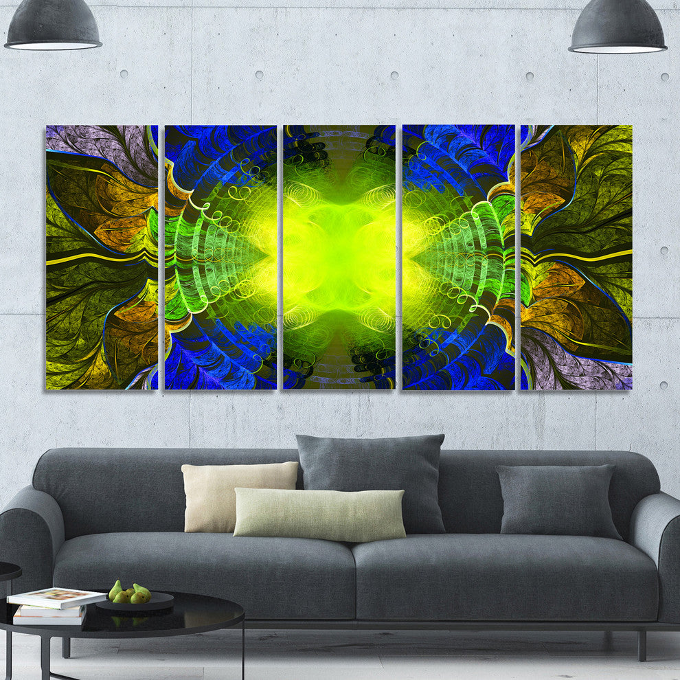 Green Golden Fractal Stained Glass, Abstract Canvas Art Print, 60"x28", 5 Panels