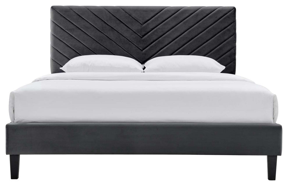 Platform Bed Frame, King Size, Charcoal Gray, Velvet, Modern, Guest Suite
