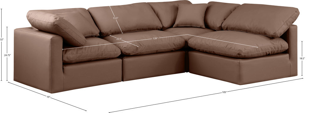 Indulge Upholstered Modular L-Shaped Sectional, Brown, 4-Piece: 2 Armless Chair, 2 Corner Chair, Fiber Stuffed Vegan Leather