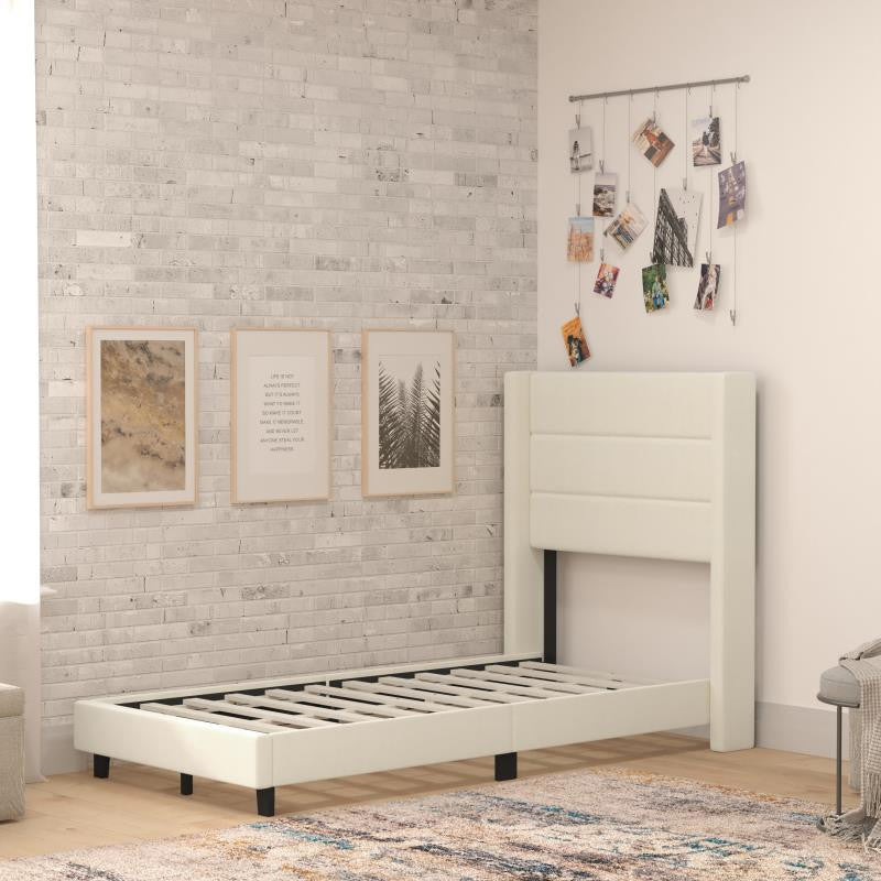 Hollis Upholstered Platform Bed with Wingback Headboard w/Mattress Foundation, Beige, Twin