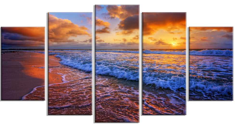 Beautiful Waves under Cloudy Sky, Large Seashore Canvas Print, 60"x32", 5 Panels